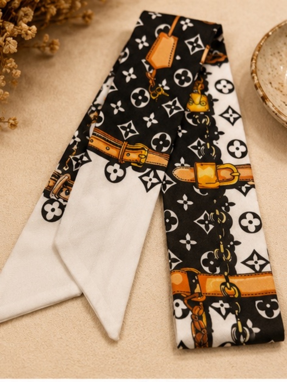 Black White Chain Print Twilly Scarf Designer Inspired